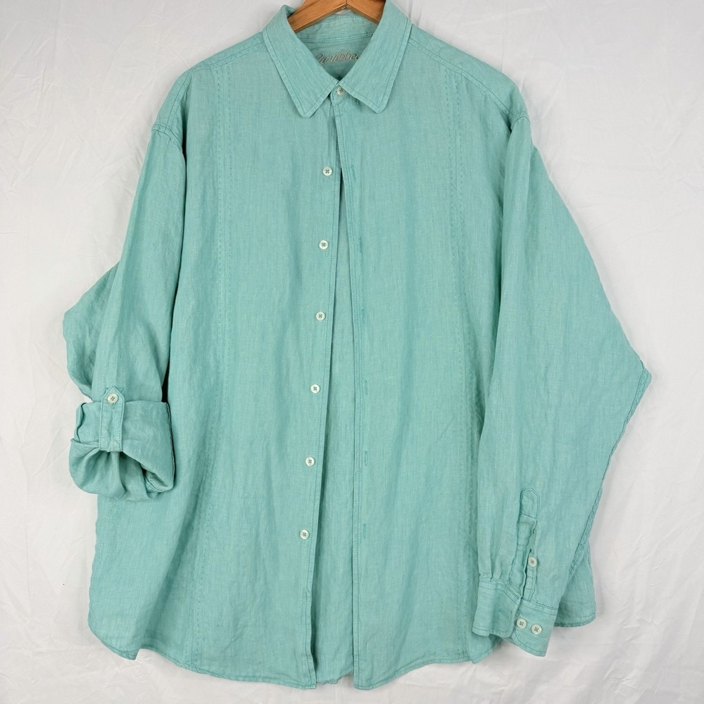 Caribbean Men's Shirt SZ-XL Matcha Green Button Up Roll Tab Sleeve 100% Linen